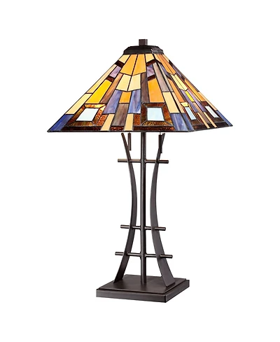 Robert Louis Tiffany Jewel Tone Mission Style Table Lamp 27" Tall Iron with Tabletop Dimmer Art Glass Shade for Bedroom Living Room Bedside