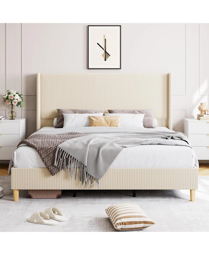 gaomon Corduroy Upholstered Bed Frame Vertical Stripe Wingback Headboard No Box Spring Wooden Slats Noise-Free Design