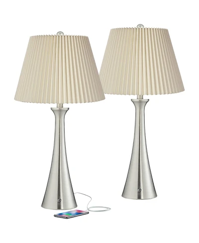 360 Lighting Karl Modern Table Lamps 27 1/2" Tall Set of 2 Brushed Nickel with Usb Charging Port Dimmers Ivory Pleat Shade for Bedroom Bedside Ho