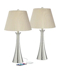 360 Lighting Karl Modern Table Lamps 27 1/2" Tall Set of 2 Brushed Nickel with Usb Charging Port Dimmers Ivory Pleat Shade for Bedroom Bedside Ho