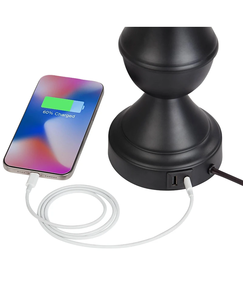 Regency Hill Traditional Table Lamps 25" High Set of 2 with Usb Port Bronze Metal Led Touch On Faux Silk Drum Shade for Bedroom Living Room