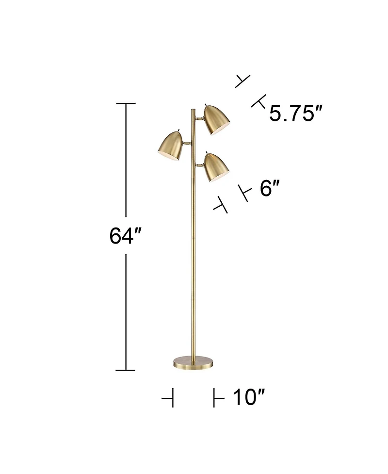 360 Lighting Aaron Mid Century Modern 64" Tall Standing Floor Lamps Set of 2 Lights Adjustable 3-Light Metal Aged Brass
