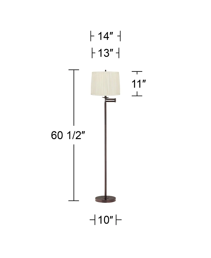Regency Hill Gabrielle Modern Tall Standing Floor Lamp Skinny Adjustable Swing Arm Metal Bronze Finish Pleated White Silk Shade