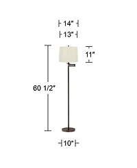 Regency Hill Gabrielle Modern Tall Standing Floor Lamp Skinny Adjustable Swing Arm Metal Bronze Finish Pleated White Silk Shade