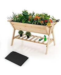Gymax 59'' x 31'' x 32.5'' Raised Garden Bed w/ Shelf Wood Elevated Planter Box w/ Liner