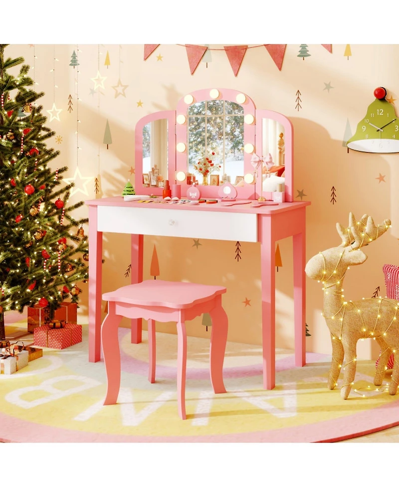 Gouun 2-in-1 Kids Vanity Table Set with Tri-Folding Detachable Mirror and Led Lights