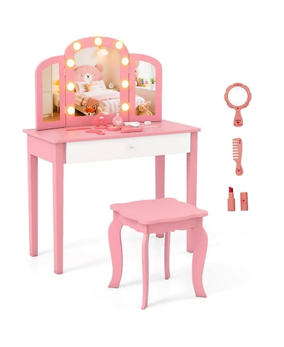 Gouun 2-in-1 Kids Vanity Table Set with Tri-Folding Detachable Mirror and Led Lights