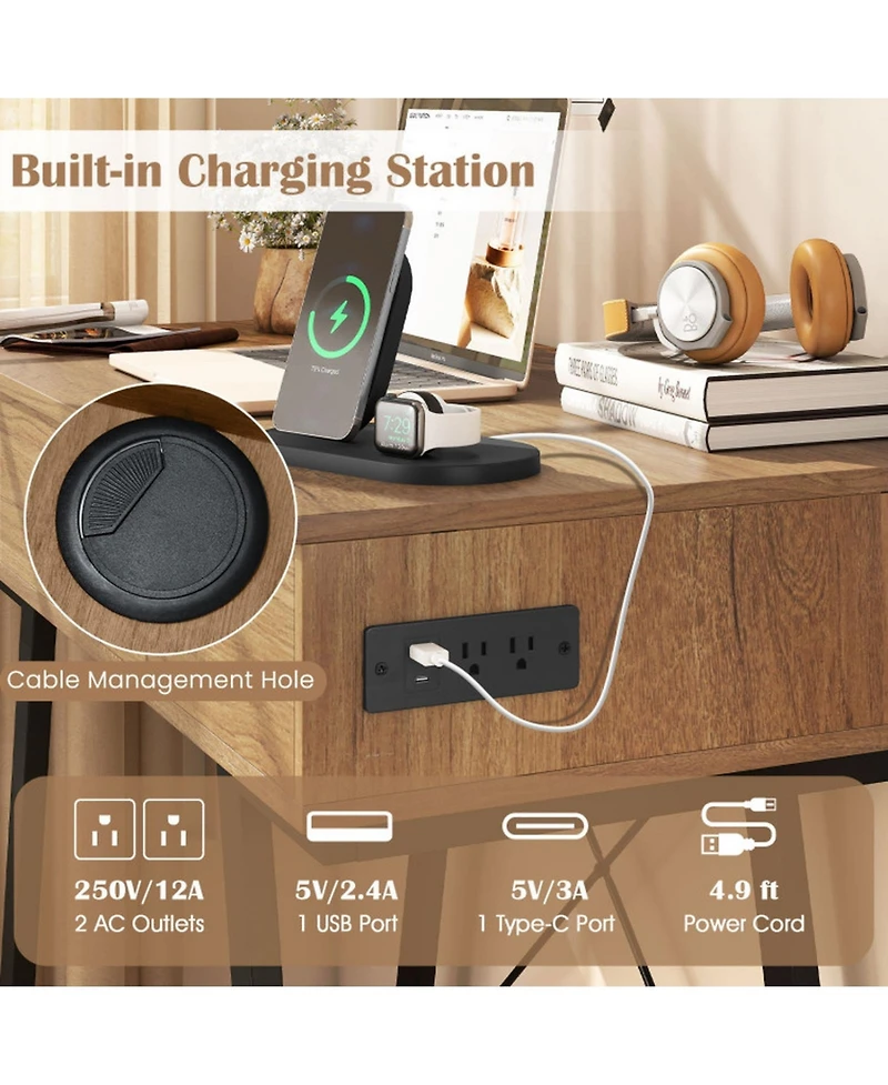 Gouun Flip Top Mirror Vanity Desk with Power Outlets and Storage Compartments