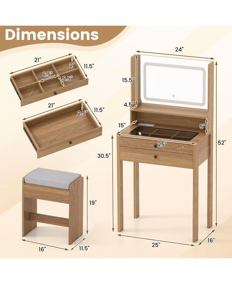 Gouun Small Vanity Desk with Led Mirror and Cushioned Stool for Small Spaces