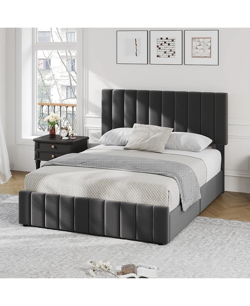 gaomon Upholstered Bed Frame 4 Storage Drawers Adjustable Headboard Wooden Slats Support No Box Spring