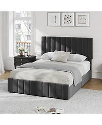 gaomon Upholstered Bed Frame 4 Storage Drawers Adjustable Headboard Wooden Slats Support No Box Spring