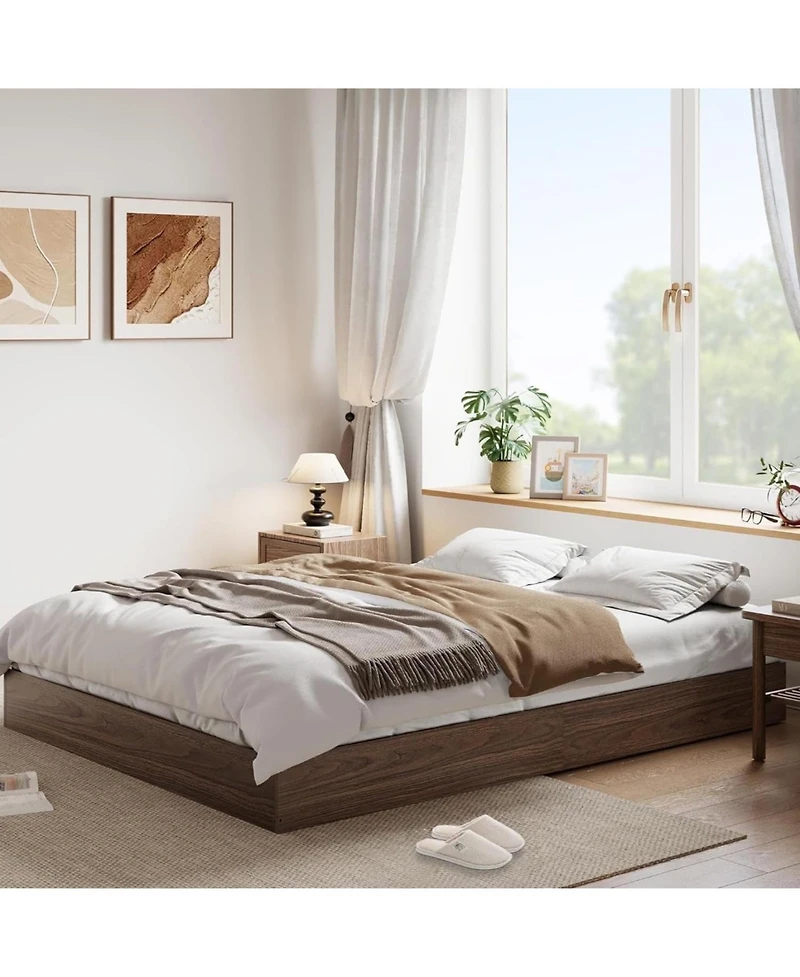 gaomon Wood Platform Bed Frame Sturdy Wooden Bed Slat Support No Box Spring Minimalist Floor-Standing Easy Assembly Walnut