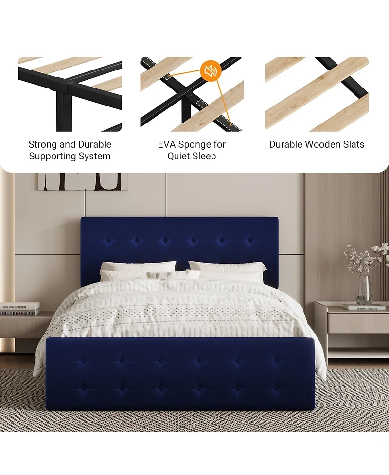 gaomon bed Frame 4 Storage Drawers Linen Upholstered Headboard Wooden Slats No Box Spring Button Tufted