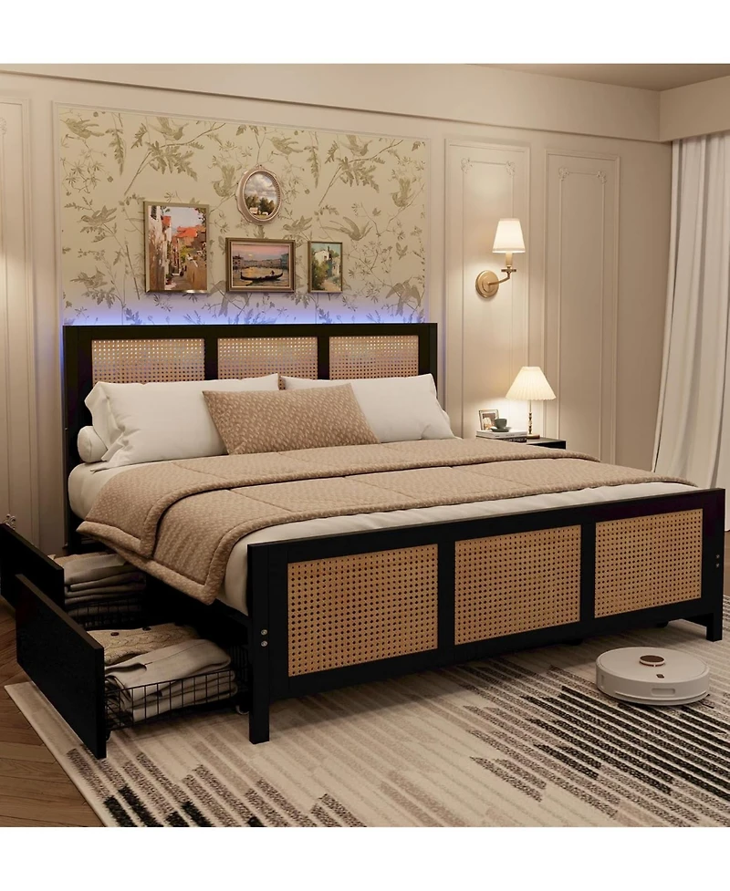 gaomon Full Rattan Storage Bed- Led Lights 4 Drawers Woven Front Mdf Wood Frame