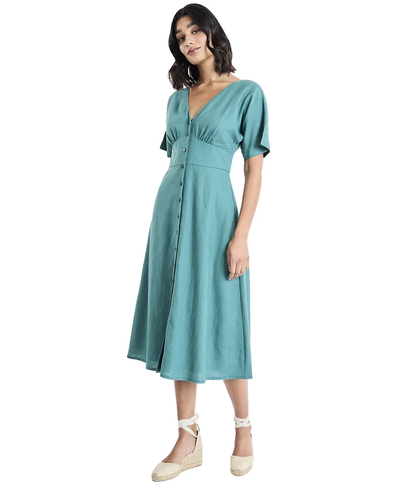 Maggy London Women's Button-Front V-Neck Midi Dress