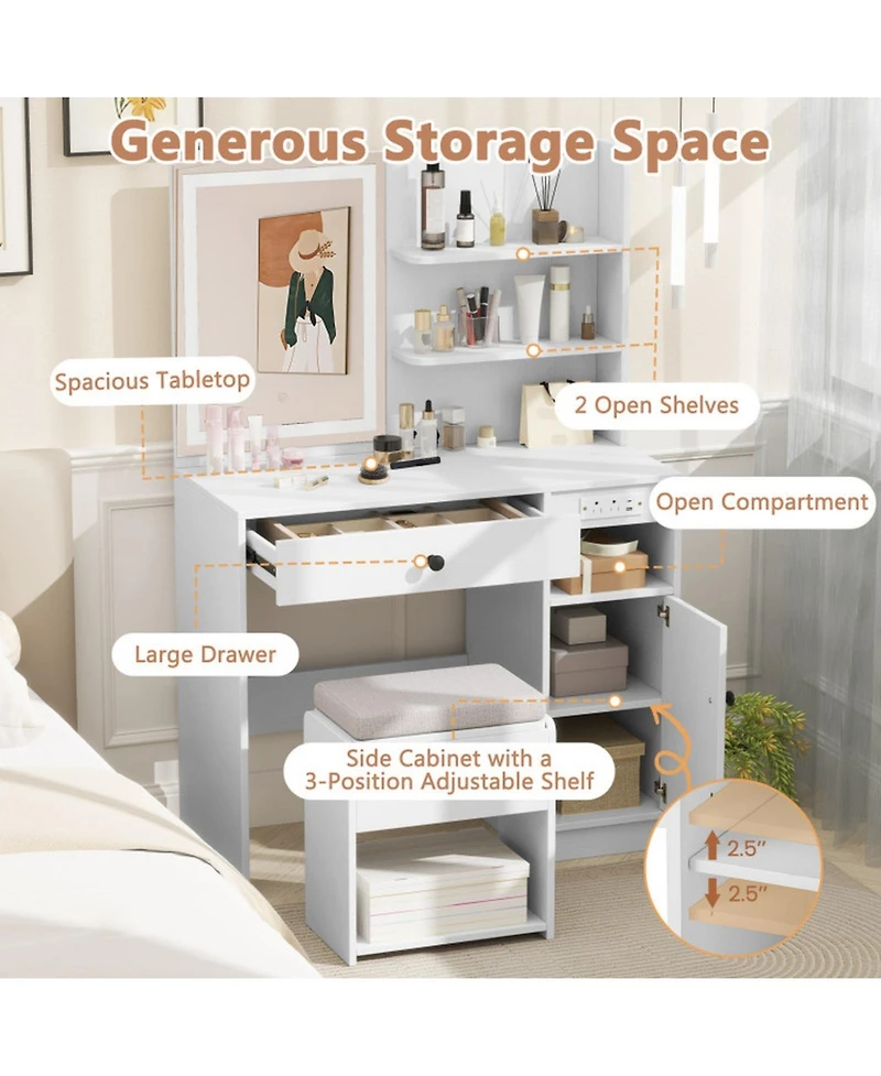 Gouun Vanity Desk with Lighted Mirror Storage Cabinet and Cushioned Stool