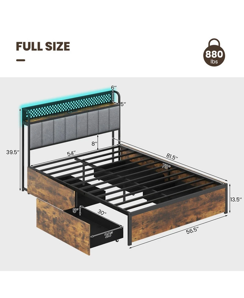 Gouun Metal Platform Bed Frame with Led Lights and Storage Drawers and Headboard