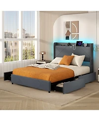 Gouun Queen Metal and Wood Bed Frame with Led Lights and Charging Station