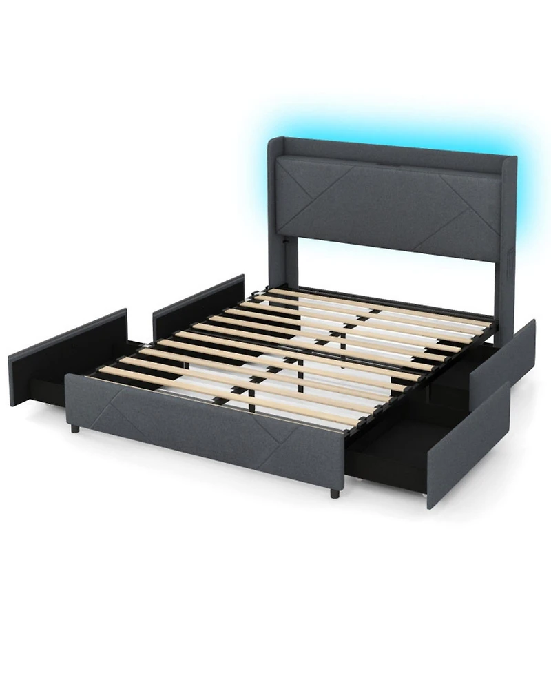 Gouun Queen Metal and Wood Bed Frame with Led Lights and Charging Station