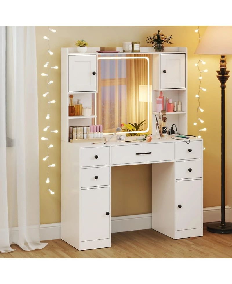 Gouun Makeup Vanity Desk with Led Lighted Mirror and Built-In Charging Station