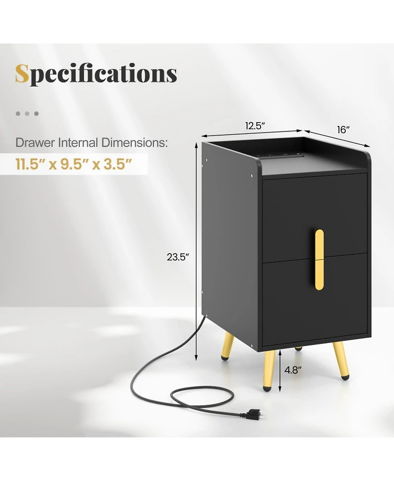 Gouun Nightstand with 2 Drawers and Usb Charging Ports