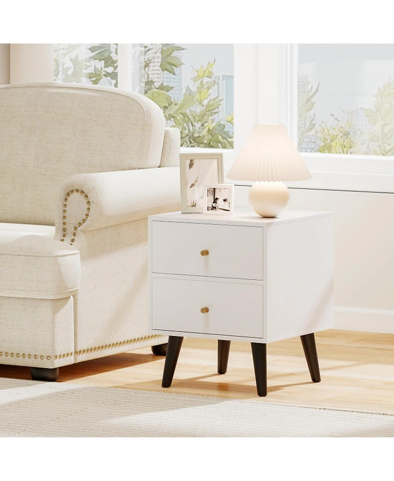 Gouun Mid-Century Modern 2-Drawer Nightstand with Golden Knobs