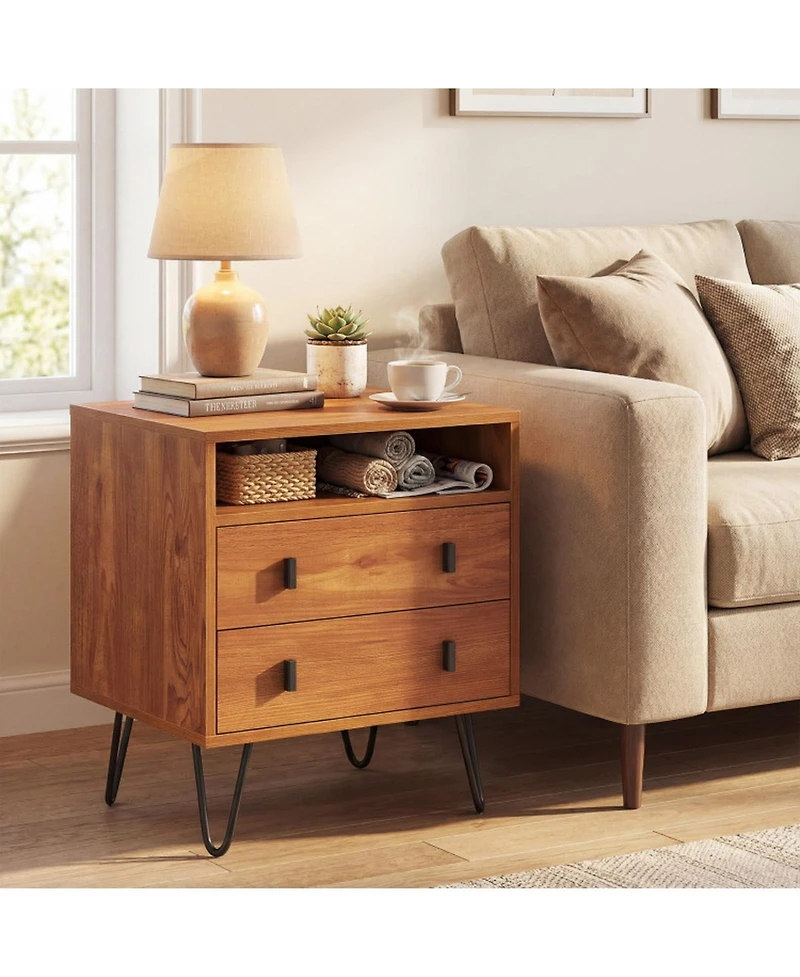 Gouun Mid-Century Modern 2-Drawer Nightstand with Open Storage Compartment