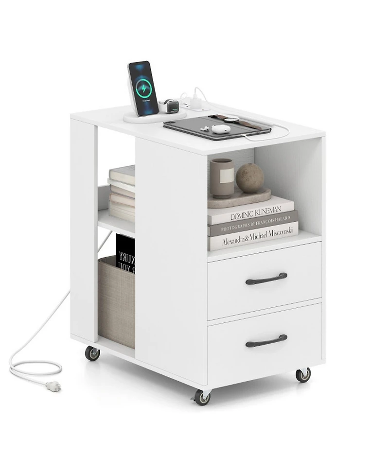 Gouun End Table with Built-In Charging Station, 2 Drawers and Locking Wheels