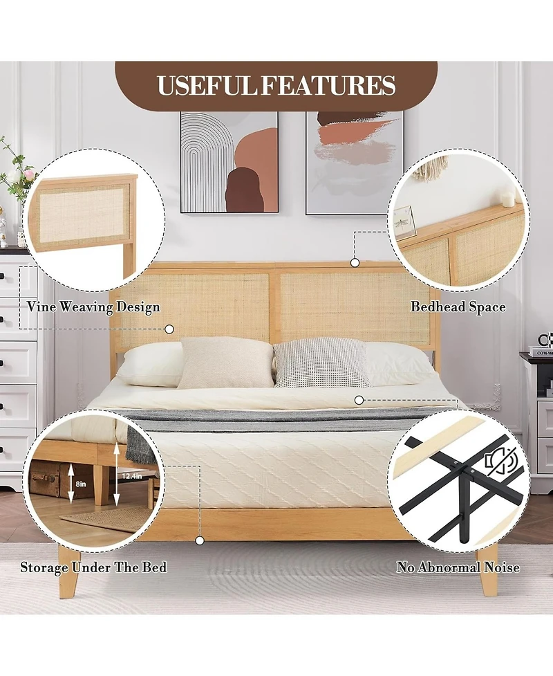gaomon Rattan Bed Frame Bohemian Headboard Led Lights No Box Spring Easy Assembly Space-Saving