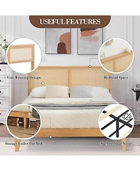 gaomon Rattan Bed Frame Bohemian Headboard Led Lights No Box Spring Easy Assembly Space-Saving