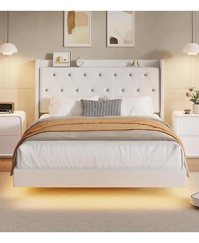 gaomon Floating Bed Frame Led Lights Velvet Upholstered Platform Storage Headboard No Box Spring Noise-Free