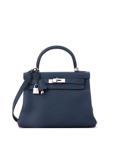 Pre-Owned HERMES Kelly 28 Handbag Green Clemence with Palladium Hardware