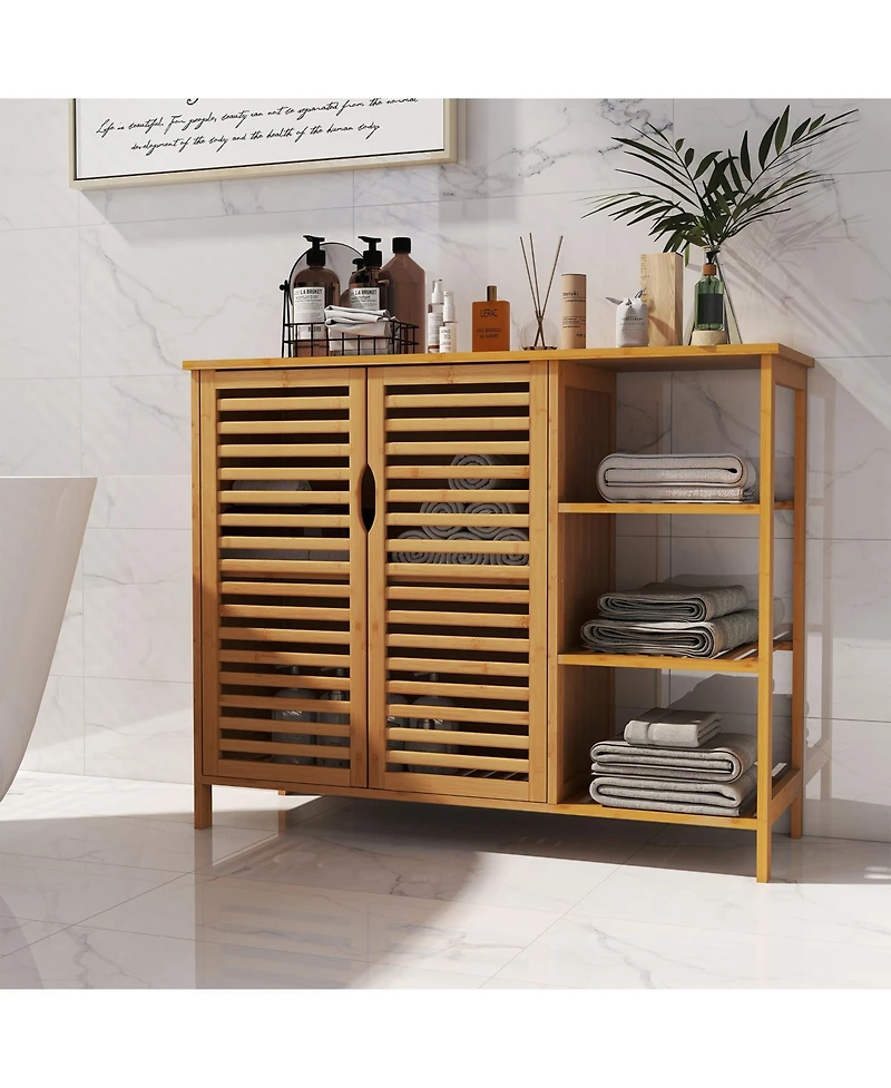 Gymax Bamboo Bathroom Cabinet 2-Door Storage Organizer w/ Shelves