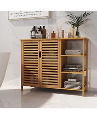 Gymax Bamboo Bathroom Cabinet 2-Door Storage Organizer w/ Shelves