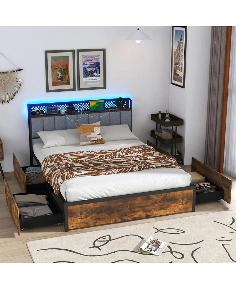 Sugift Bed Frame with Led Lights Upholstered Headboard Storage Drawers