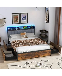 Sugift Bed Frame with Led Lights Upholstered Headboard Storage Drawers