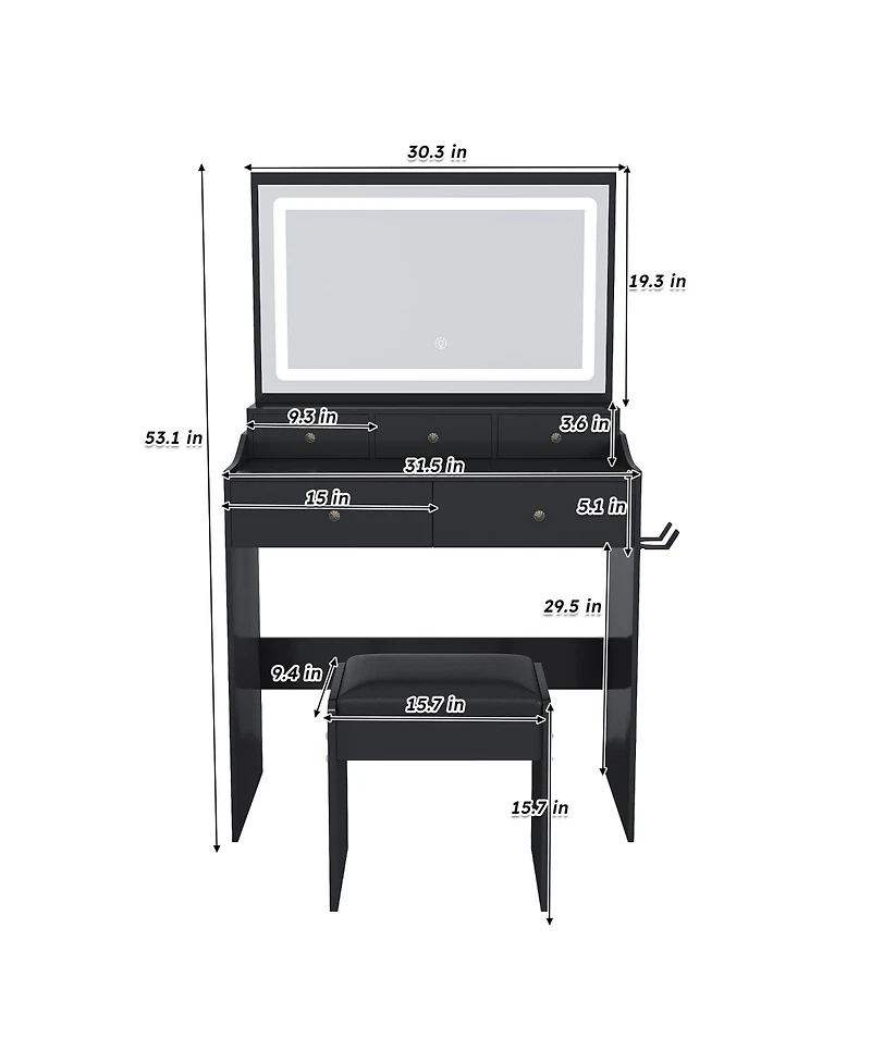 Rainsken Mirror Vanity Desk, Makeup Vanity Set with 5 Drawers, Power Outlet