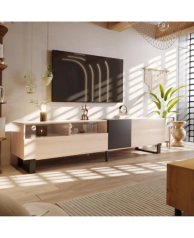 Rainsken Modern Tv Stand for 80'' Tv, Wooden Entertainment Center with Double Storage Space and Drop Down Door, Media Console Table for Living Room