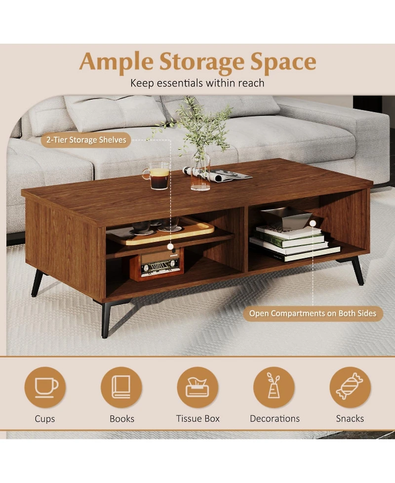 Gouun 47 in Mid-Century 2-Tier Coffee Table with Shelves and Compartments
