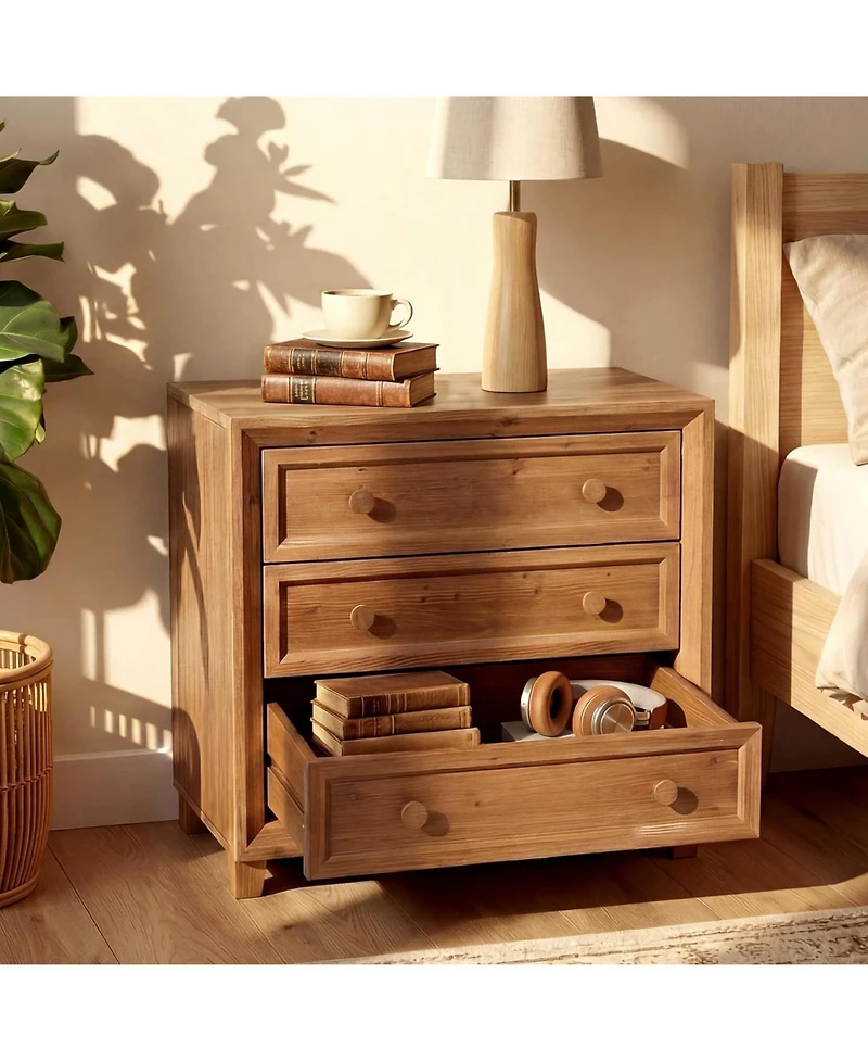 Tribesigns Solid Wood Nightstand with 3 Drawers Set of 2, 31.5 Wide Bedside Table with Round Wooden Knobs and Low-Profile Legs