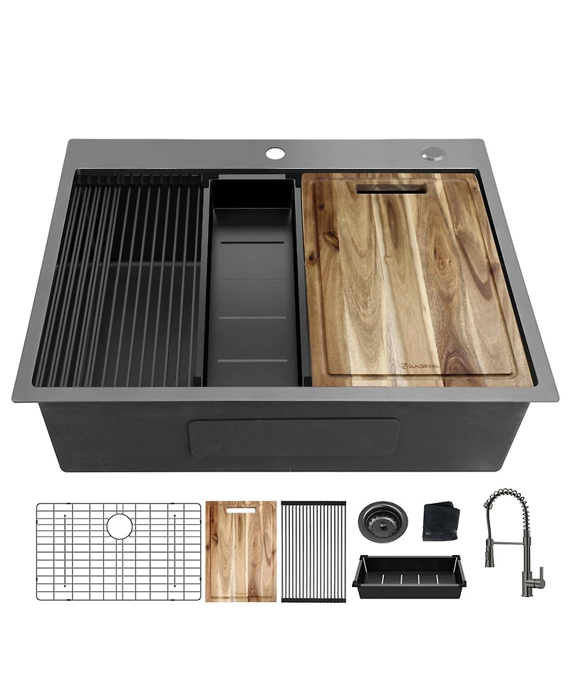 Busdays 33 Inch Drop In Workstation Sink 18 Gauge Single Bowl Topmount Stainless Steel with Spring Neck Faucet and Accessories