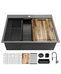 Busdays 33 Inch Drop In Workstation Sink 18 Gauge Single Bowl Topmount Stainless Steel with Spring Neck Faucet and Accessories