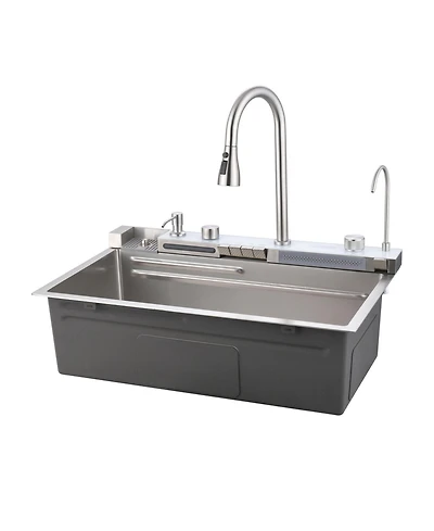 Busdays Single Bowl Kitchen Sink Combo Set 304 Stainless Steel with Pull Out Faucet Whale Waterfall Vegetable Washing Basin