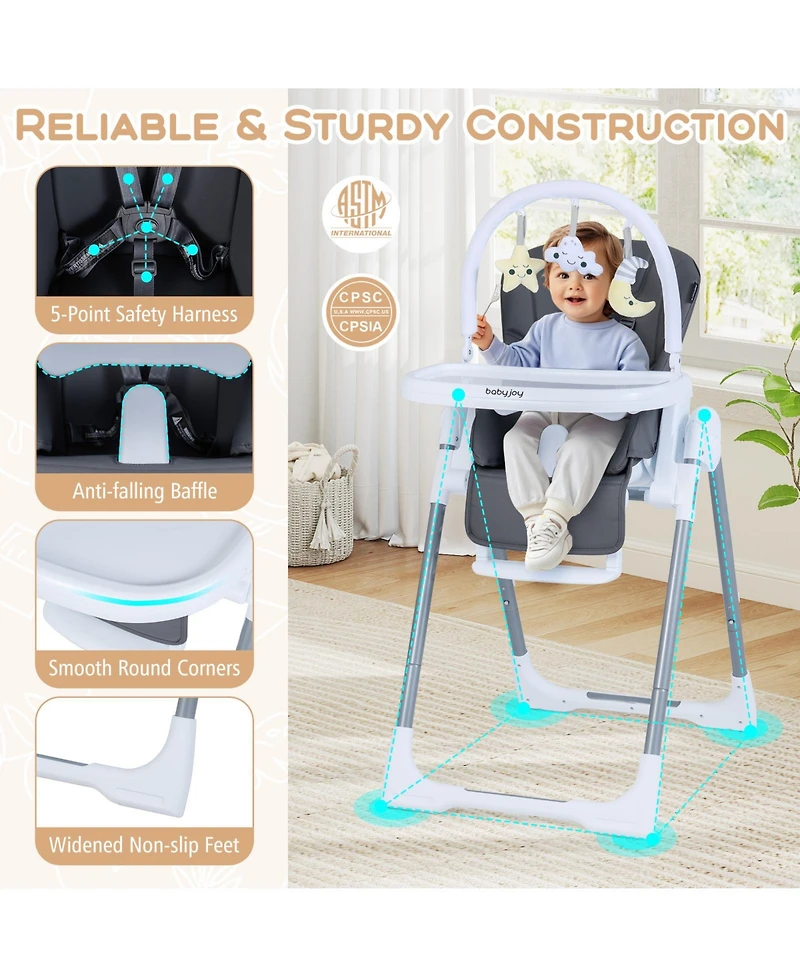 Sugift Foldable Baby High Chair with Adjustable Height and Reclining Seat