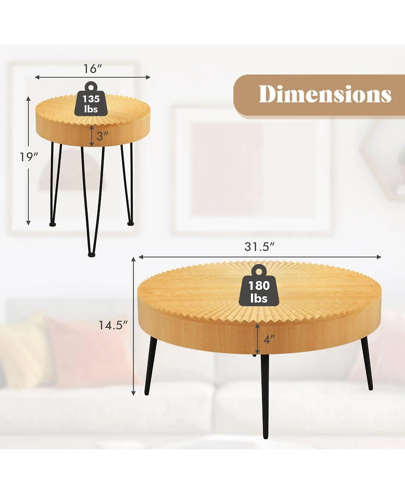 Sugift Wooden Coffee Table Set of Two with Metal Legs