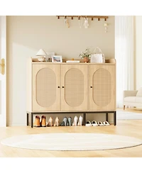 gaomon Oak Rattan 3-Door Shoe Cabinet - 8-Tier Adjustable Shelves Freestanding Large Entryway Storage