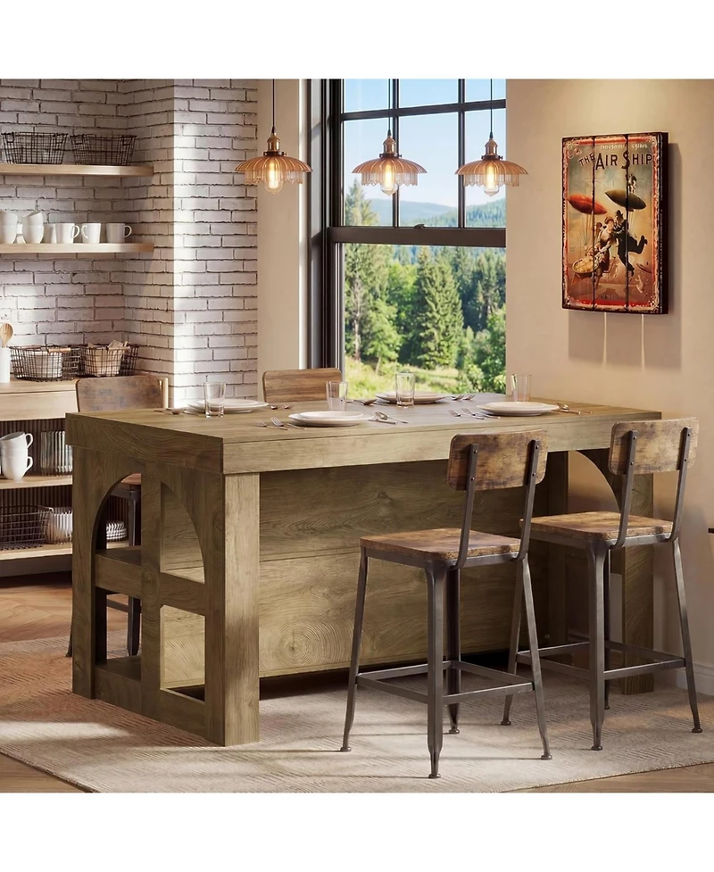 Tribesigns Kitchen Island with Storage, 55-Inch Large Stationary Center Island with 3 Shelves and Seating Space, Farmhouse Wooden Bar Table