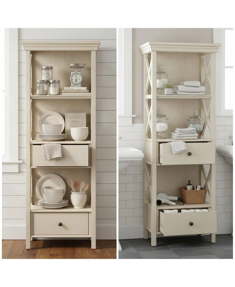 Yigii Cottage Chic Display Cabinet Bookcase Antique White Engineered Wood 3 Shelves 2 Drawers Lattice Sides Crown Moulding