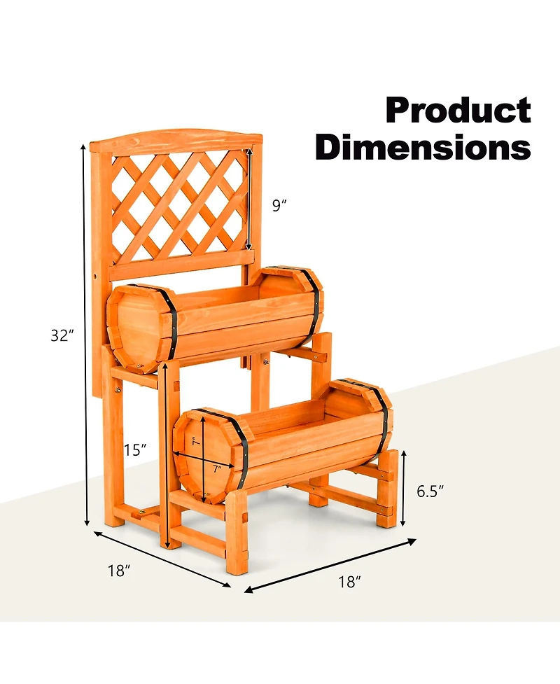 Gymax 2-Tier Wooden Raised Garden Bed Container w/2 Cylindrical Planter Boxes and Trellis