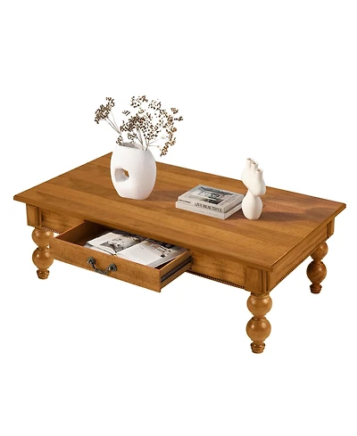 Rainsken Rectangular Wooden Coffee Table, Vintage Center Table with Storage Drawer, Gourd-Shaped Legs for Living Room
